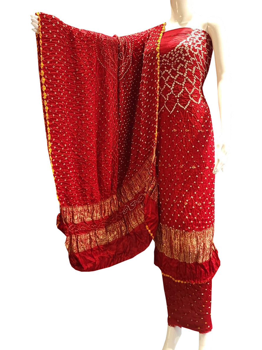 PS4B2KJ123071401 Red Bandhani Modal Silk Three Piece Suit Set 1 ce0c6cd6 d0bc 44b1 a59f 60145bf432fe